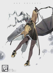 Rule 34 | 1girl, absurdres, arknights, black dress, camel ears, coat, commentary request, copyright name, dark-skinned female, dark skin, dress, highres, holding, holding umbrella, long hair, long sleeves, looking at viewer, nlarou, open mouth, purple eyes, shoes, simple background, sneakers, solo, thigh strap, tuye (arknights), umbrella, white background, white hair, yellow coat, yellow footwear