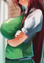 Rule 34 | 1girl, arms under breasts, blurry, blurry background, blush, braid, breast focus, breasts, crossed arms, from side, head out of frame, highres, hong meiling, huge breasts, long hair, parted lips, profile, puffy short sleeves, puffy sleeves, red hair, short sleeves, teruteru12, touhou, twin braids