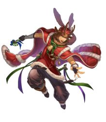 Rule 34 | 1boy, alternate costume, animal ears, antler ornament, bandages, bell, boots, bow, bracelet, candy, candy cane, christmas, christmas ornaments, dagger, dark skin, deer ears, fingerless gloves, fire emblem, fire emblem: the blazing blade, fire emblem heroes, food, full body, fur trim, gloves, highres, jaffar (fire emblem), jaffar (winter) (fire emblem), jewelry, knife, male focus, nintendo, open mouth, red eyes, red hair, solo, teeth, transparent background, weapon