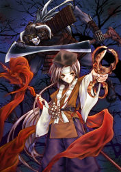 Rule 34 | 1girl, 1other, armor, bare tree, brown eyes, brown hair, brown headwear, brown kimono, closed mouth, commentary request, feet out of frame, headband, holding, holding staff, holding sword, holding weapon, japanese armor, japanese clothes, jewelry, kimono, long hair, looking at viewer, morino kiriko, necklace, original, pants, purple background, purple pants, skeleton, smile, staff, sword, tree, undead, vajra (object), very long hair, weapon, wide sleeves, zombie