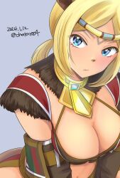 Rule 34 | 1girl, 2024, adventurer (ff11), animal ear fluff, animal ears, blonde hair, blue eyes, breasts, brown tail, cat ears, cat girl, cat tail, chatarou bekkan, circlet, cleavage, closed mouth, dated, eyelashes, final fantasy, final fantasy xi, grey background, highres, medium breasts, mithra (ff11), no eyebrows, parted bangs, short hair, simple background, solo, tail, twitter username