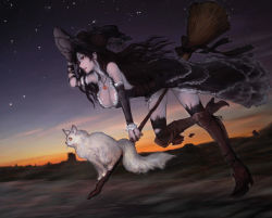 Rule 34 | 1girl, bare shoulders, black dress, black hair, black thighhighs, boots, breasts, broom, broom riding, cat, cleavage, detached sleeves, dress, hat, highres, holding, jewelry, large breasts, lips, long hair, necklace, night, night sky, open mouth, original, pendant, red eyes, red hair, ribbon, sasagawa (haikaiki), sitting, sky, smile, solo, sunset, thigh boots, thighhighs, witch hat
