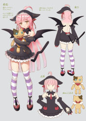 Rule 34 | 1girl, :&lt;, backless dress, backless outfit, bare shoulders, black dress, black footwear, black hat, black wings, blush, bow, brown eyes, closed mouth, commentary request, copyright request, dress, fang, hair bow, hat, highres, hugging object, juliet sleeves, long hair, long sleeves, looking at viewer, multiple views, parted lips, pink hair, puffy sleeves, red bow, seiru (prairie), short dress, sleeves past wrists, standing, strapless, strapless dress, striped clothes, striped thighhighs, stuffed animal, stuffed cat, stuffed toy, t t, thighhighs, translation request, very long hair, virtual youtuber, wings, x-ray