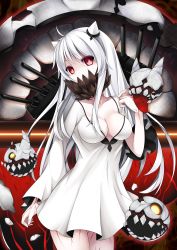Rule 34 | 10s, 1girl, absurdres, abyssal ship, breasts, cannon, cleavage, covered mouth, cowboy shot, dress, highres, horns, kantai collection, large breasts, long hair, long sleeves, midway princess, red eyes, sai seki, solo, turret, veins, very long hair, white dress, white hair