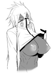 Rule 34 | 1girl, absurdres, arrancar, bleach, blonde hair, breasts, breasts out, dark-skinned female, dark skin, greyscale, highres, large breasts, lifted by self, light areolae, long hair, monochrome, navel, nipples, number tattoo, revealing clothes, simple background, solo, tan, tattoo, tesu, tier harribel, underboob, upper body, white background