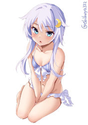 Rule 34 | 1girl, :o, bikini, blue eyes, blush, breasts, cleavage, collarbone, crescent, crescent hair ornament, ebifurya, frilled bikini, frills, hair ornament, highres, kantai collection, looking at viewer, navel, short hair with long locks, simple background, sitting, small breasts, solo, swimsuit, thighs, twitter username, wariza, white background, yayoi (kancolle)
