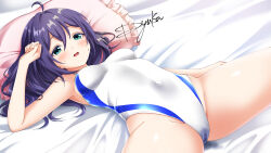 Rule 34 | 1girl, absurdres, ahoge, arm up, bare shoulders, bed sheet, blush, breasts, cameltoe, clenched hand, commentary, covered navel, hair between eyes, highres, idolmaster, idolmaster million live!, idolmaster million live! theater days, long hair, looking at viewer, lying, mochizuki anna, on back, on bed, one-piece swimsuit, open mouth, pillow, purple hair, ryuka, shy, signature, small breasts, smile, solo, spread legs, sweat, swimsuit, white one-piece swimsuit