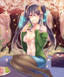 Rule 34 | 1girl, black hair, breasts, cherry blossoms, cleavage, glasses, hanami, large breasts, long hair, official art, pantyhose, red eyes, senjou no electro girl, shina shina, solo, tree, twintails