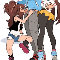 1boy 2girls ass black_pantyhose brown_hair creatures_(company) faceless faceless_female faceless_male fellatio ffm_threesome game_freak group_sex highres hilbert_(pokemon) hilda_(pokemon) multiple_girls nintendo oral pantyhose penis pocha pokemon pokemon_bw pokemon_bw2 raglan_sleeves rosa_(pokemon) shorts threesome yellow_shorts