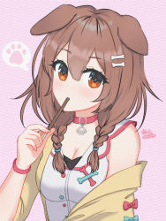 Rule 34 | 1girl, animal collar, animal ears, bone hair ornament, braid, breasts, brown eyes, brown hair, cartoon bone, cleavage, collar, commentary, dog ears, dog girl, english commentary, food, hair between eyes, hair ornament, hairclip, highres, hololive, inugami korone, inugami korone (1st costume), jacket, long hair, looking at viewer, low twin braids, medium breasts, mouth hold, off shoulder, pocky, pocky day, red collar, shirt, simple background, single bare shoulder, sleeveless, sleeveless shirt, solo, spoken paw, twin braids, vickie (cryingrobot), virtual youtuber, yellow jacket