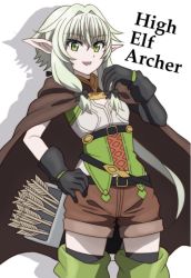Rule 34 | 10s, arrow (projectile), asymmetrical sleeves, boots, bow, character name, cloak, elf, gloves, goblin slayer!, green eyes, green hair, hair bow, hand on own hip, high elf archer (goblin slayer!), hood, hooded cloak, onomekaman, open mouth, pointy ears, short hair with long locks, shorts, sidelocks, simple background, smile, solo, thigh boots, thighhighs, uneven sleeves, white background