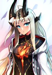 Rule 34 | 1girl, absurdres, arknights, black sweater, blonde hair, blue eyes, dragon girl, dragon horns, fire, highres, horns, jacket, looking at viewer, reed (arknights), samael (5211), solo, sweater, upper body, white jacket