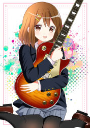 Rule 34 | 1girl, absurdres, blazer, brown eyes, brown hair, guitar, hair ornament, hairclip, happy birthday, highres, hirasawa yui, holding, holding instrument, hugging object, instrument, jacket, k-on!, knees together feet apart, loafers, looking at viewer, open mouth, pantyhose, ryoutan, sakuragaoka high school uniform, school uniform, shoes, short hair, sitting, skirt, smile, solo