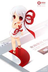 Rule 34 | 1girl, bow, chibi, dress, hair bow, mao yu, opera-tan, opera (web browser), os-tan, personification, red eyes, solo, standing, white hair