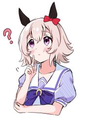 Rule 34 | 1girl, ?, animal ears, blue shirt, blush stickers, bow, closed mouth, collarbone, cropped torso, curren chan (umamusume), ear bow, goom (goomyparty), hair between eyes, hand up, highres, horse ears, index finger raised, light brown hair, puffy short sleeves, puffy sleeves, purple bow, purple eyes, red bow, shirt, short sleeves, simple background, solo, umamusume, upper body, white background