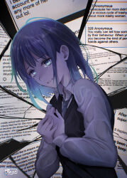 Rule 34 | 1girl, absurdres, black sweater vest, blue hair, blue necktie, chromatic aberration, clutching chest, collared shirt, commentary, crying, crying with eyes open, double exposure, gradient hair, highres, kurokawa akane, light blue hair, medium hair, mixed-language commentary, multicolored hair, necktie, oshi no ko, parisa reaz, parted lips, shattered, shirt, signature, solo, spoilers, streaming tears, sweater vest, tears, variant set, wet, wet clothes, white shirt