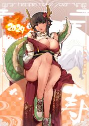 Rule 34 | 1girl, 2024, absurdres, antlers, black hair, breasts, breath weapon, breathing fire, chinese zodiac, cleavage, commentary request, dragon girl, dragon horns, dragon tail, dress, female focus, fire, green footwear, hair ornament, highres, horns, japanese clothes, jovejun, kimono, large breasts, legs, looking at viewer, new year, open mouth, original, panties, panty peek, red dress, red kimono, shoes, short hair, sidelocks, sitting, sneakers, solo, tail, teeth, tsubomioka happa, underwear, upper teeth only, year of the dragon