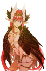 Rule 34 | 1girl, artist name, black wings, bracelet, breasts, circe (fate), cleavage, collarbone, dated, dress, fate/grand order, fate (series), feathered wings, fingernails, green eyes, hair between eyes, hand on own chest, head wings, jewelry, long hair, looking at viewer, medium breasts, nail polish, parted lips, pink nails, pleated skirt, pointy ears, red hair, seiru (prairie), sidelocks, simple background, skirt, solo, very long hair, white background, white dress, white skirt, white wings, wings