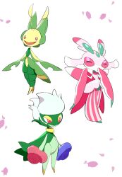Rule 34 | :d, absurdres, bright pupils, claws, closed eyes, closed mouth, commentary request, creatures (company), falling petals, game freak, gen 4 pokemon, gen 5 pokemon, gen 7 pokemon, highres, leavanny, lurantis, mira (miramita8727), nintendo, no humans, open mouth, petals, pink eyes, pokemon, pokemon (creature), roserade, simple background, smile, standing, tongue, white background