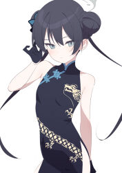 Rule 34 | 1girl, black dress, black gloves, black hair, blue archive, china dress, chinese clothes, double bun, dragon print, dress, gloves, grey eyes, hair bun, halo, highres, kisaki (blue archive), looking at viewer, solo, supershiruco, twintails, white background