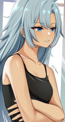 Rule 34 | 1girl, a (xenoblade), bare arms, bare shoulders, blue eyes, blue hair, breasts, camisole, collarbone, commentary request, highres, long hair, namu (112namu), parted lips, small breasts, solo, spaghetti strap, upper body, xenoblade chronicles (series), xenoblade chronicles 3, xenoblade chronicles 3: future redeemed