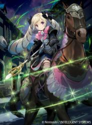 Rule 34 | 1girl, blonde hair, boots, bow, dress, drill hair, elise (fire emblem), fire emblem, fire emblem cipher, fire emblem fates, flower, hair bow, holding, holding weapon, horse, kawasumi mahiro, magic, night, night sky, nintendo, official art, outdoors, pink bow, pink ribbon, purple eyes, ribbon, sky, staff, town, twintails, weapon, white flower