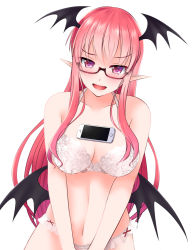 Rule 34 | &gt;:d, 1girl, :d, bespectacled, blush, bra, breasts, cellphone, cleavage, dutch angle, glasses, head wings, koakuma, large breasts, long hair, looking at viewer, open mouth, panties, phone, pointy ears, red-framed eyewear, red eyes, red hair, simple background, smartphone, smile, solo, tawawa challenge, touhou, underwear, underwear only, v-shaped eyebrows, v arms, white background, white bra, white panties, wings, yumi (careca398)