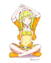 Rule 34 | 1girl, aegissanp, ankle boots, arms up, belt, belt skirt, boots, brooch, collarbone, commentary, covered navel, detached collar, english commentary, flower, goggles, goggles on head, green eyes, green hair, gumi, gumi (ai megpoid), hair flower, hair ornament, highres, indian style, jewelry, looking to the side, orange footwear, pleated skirt, red-tinted eyewear, see-through, short hair with long locks, short sleeves, sitting, skirt, smile, solo, tinted eyewear, twitter username, vocaloid, wavy hair, white flower