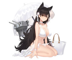 Rule 34 | 1girl, animal ears, artnohearts, atago (azur lane), atago (summer march) (azur lane), atago (summer march) (azur lane), azur lane, bag, beach umbrella, bikini, black hair, blush, breasts, choker, cleavage, extra ears, flower, hair flower, hair ornament, large breasts, long hair, looking at viewer, mole, mole under eye, ribbon, sarong, seiza, simple background, sitting, smile, solo, swept bangs, swimsuit, turret, umbrella, white background, white bikini, white choker, white ribbon, white sarong, yellow eyes