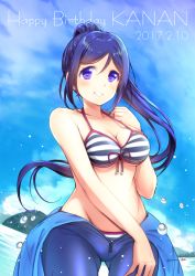 Rule 34 | 10s, 1girl, bikini, bikini top only, blue eyes, blue hair, breasts, cleavage, clothes down, colored eyelashes, cowboy shot, gluteal fold, hand on own chest, happy birthday, lips, long hair, looking at viewer, love live!, love live! school idol festival, love live! school idol project, love live! sunshine!!, matsuura kanan, medium breasts, midriff, navel, parted lips, ponytail, ricar, solo, stomach, swimsuit, wide hips