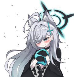 Rule 34 | 1girl, 3:, absurdres, ahoge, animal ear fluff, animal ears, balaclava, black dress, black gloves, blue archive, blue eyes, blush, broken halo, choky, commentary, crying, crying with eyes open, dress, earrings, extra ears, gloves, grey hair, hair between eyes, halo, highres, holding, holding mask, jewelry, long hair, long sleeves, mask, mismatched pupils, sad, shiroko (blue archive), shiroko terror (blue archive), sidelocks, simple background, solo, tears, white background, wide sleeves, wolf ears, wolf girl, xtacy
