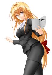 Rule 34 | 00s, 10s, 1girl, absurdres, blonde hair, book, brown eyes, business suit, chalk, formal, glasses, hair intakes, highres, jacket, leaning forward, long hair, looking at viewer, low-tied long hair, open book, open mouth, pantyhose, pencil skirt, skirt, skirt suit, solo, suit, tearju lunatique, thighhighs, to love-ru, to love-ru darkness, transparent background, vector trace, very long hair