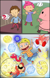 Rule 34 | !?, 1girl, 4boys, ?, awesome face, blonde hair, blue eyes, brown hair, duster (mother), facial hair, gabe27c, gameplay mechanics, gloves, hat, highres, kirby, kirby (series), kumatora, lucas (mother 3), mario, mario (series), mother (game), mother 3, multiple boys, mustache, nintendo, overalls, pigmask, pink hair, quiff, rope snake, short hair, smile, super mario bros. 1, super smash bros., what