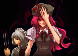 Rule 34 | 2girls, between fingers, blood, blood on face, female focus, holding, hong meiling, immaterial and missing power, izayoi sakuya, knife, multiple girls, shimadoriru, throwing knife, touhou, weapon