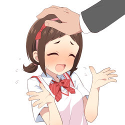 Rule 34 | 1girl, ^ ^, blush, bow, bow hairband, bowtie, brown hair, closed eyes, hair bow, hairband, hand on another&#039;s head, headpat, idolmaster, idolmaster cinderella girls, idolmaster cinderella girls starlight stage, low twintails, muramatsu sakura, open mouth, parted bangs, school uniform, simple background, striped bow, striped bowtie, striped clothes, sweater vest, twintails, uccow, white background