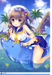 Rule 34 | 1girl, :d, absurdres, artist name, bare shoulders, beach, bikini, black eyes, blue sailor collar, blue skirt, blue sky, blue stripes, blush, bow, bow skirt, breasts, cloud, cloudy sky, covered erect nipples, crop top, day, dengeki moeou, eyes visible through hair, fang, fish, fish request, flower, flower request, framed image, grass, green eyes, hair bow, hair ornament, hand up, handkerchief, hat, highres, inflatable dolphin, inflatable toy, large breasts, light brown hair, long hair, looking at viewer, miniskirt, nail polish, navel, official art, one side up, open mouth, original, page number, pink footwear, pink nails, pleated skirt, print bow, purple bow, red flower, sailor collar, sand, sandals, scan, see-through, shiny skin, shirt, single stripe, skirt, sky, sleeveless, sleeveless shirt, smile, solo, splashing, star (symbol), star hair ornament, striped bikini, striped clothes, sunlight, swimsuit, takashina asahi, tongue, water, wet, wet clothes, wet shirt, white hat, white shirt, white stripes, yellow neckwear