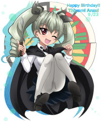 Rule 34 | 10s, 1girl, anchovy (girls und panzer), black cape, blush, breasts, cape, drill hair, girls und panzer, green hair, hair ribbon, hanzou, highres, long hair, looking at viewer, one eye closed, open mouth, pantyhose, purple eyes, ribbon, riding crop, school uniform, shoes, skirt, smile, solo, twin drills, twintails, white pantyhose, wink