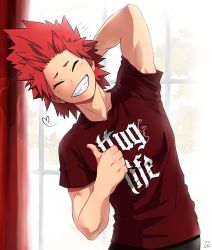 Rule 34 | 1boy, ^ ^, arm behind head, boku no hero academia, closed eyes, commentary, english commentary, closed eyes, grin, insecureillu, kirishima eijirou, leaning to the side, male focus, red eyes, red hair, red shirt, sharp teeth, shirt, smile, solo, spiked hair, teeth, thug life, thumbs up, window