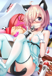 Rule 34 | 1girl, alternate costume, anal tail, animal ears, between legs, black-framed eyewear, blonde hair, blue panties, blue thighhighs, blush, breasts, butt plug, cat ears, cat tail, cleavage, collarbone, covered erect nipples, dutch angle, fake tail, fate/grand order, fate (series), from below, glasses, gloves, hair over one eye, highres, indoors, mash kyrielight, panties, purple eyes, sex toy, shiny skin, short hair, solo, tail, tail between legs, thighhighs, underwear, underwear only, wapokichi, white gloves