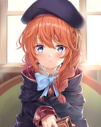 Rule 34 | 1girl, beret, black hat, blue bow, blue bowtie, blue eyes, book, bow, bowtie, braid, commentary request, hat, holding, holding book, long hair, looking at viewer, orange hair, princess connect!, sayuuiede, single braid, solo, yuni (princess connect!)