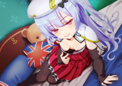 Rule 34 | 1girl, aiguillette, ajax (azur lane), areola slip, arm support, azur lane, beret, black pantyhose, blush, braid, breasts, capelet, cleavage, crown braid, detached sleeves, downblouse, extended downblouse, hair ornament, half-closed eyes, hat, high-waist skirt, jewelry, kumehara chiyota, leaning forward, long hair, long sleeves, looking at viewer, lying, no bra, on bed, on side, pantyhose, pillow, pleated skirt, purple hair, red eyes, red skirt, ring, shiny skin, shirt, shirt tug, sidelocks, skirt, small breasts, smile, solo, stuffed animal, stuffed toy, teddy bear, tsurime, twitter username, two side up, union jack, wedding band, white hat, white shirt