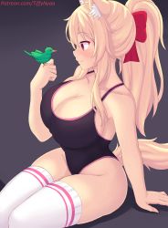 Rule 34 | 1girl, animal ear fluff, animal ears, bare arms, bare shoulders, bird, black background, black one-piece swimsuit, blonde hair, blush, breasts, cat ears, cat girl, cat tail, cleavage, closed mouth, commentary, english commentary, from side, hair ornament, highres, large breasts, long hair, nottytiffy, one-piece swimsuit, original, patreon username, ponytail, red eyes, simple background, sitting, smile, solo, swimsuit, tail, thighhighs, thighs, tiffy (nottytiffy), white thighhighs