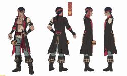 Rule 34 | 1boy, atelier (series), atelier resleriana, black coat, black footwear, black hair, boots, character sheet, closed mouth, coat, cup, dark-skinned male, dark skin, from behind, from side, full body, grey pants, hand on own hip, headband over one eye, highres, jewelry, knee boots, lanze dach, long sleeves, looking at viewer, male focus, mug, multiple views, necklace, official art, one eye covered, pants, sash, scar, scar on face, second-party source, shirt, short hair, simple background, smile, standing, tokki, white background, white shirt