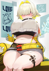 Rule 34 | 1girl, ahoge, bag, bare shoulders, belt, black sports bra, blonde hair, blush, breasts, closed mouth, clothing cutout, commentary request, covered erect nipples, crop top, crop top overhang, cropped sweater, elegg (nikke), exposed pocket, eyes visible through hair, fang, gauntlets, gloves, goddess of victory: nikke, grey shorts, hair intakes, hair over eyes, highres, hizakake, huge breasts, long sleeves, looking at viewer, midriff, multicolored clothes, multicolored gloves, multicolored hair, navel, purple eyes, short hair, shorts, shoulder cutout, sidelocks, sitting, skin fang, skindentation, solo, sports bra, suspender shorts, suspenders, sweater, thick thighs, thigh strap, thighs, two-tone hair, utility belt, white sweater