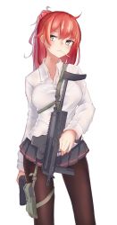 Rule 34 | 1girl, ahoge, bad id, bad pixiv id, black pantyhose, black skirt, breasts, bright pupils, candy, closed mouth, collared shirt, commentary request, contrapposto, dress shirt, food, girls&#039; frontline, gun, h&amp;k mp7, hair bobbles, hair ornament, head tilt, heckler &amp; koch, highres, holding, holding gun, holding weapon, inniyik, large breasts, lollipop, long hair, long sleeves, looking to the side, machine pistol, miniskirt, mp7 (girls&#039; frontline), pantyhose, personal defense weapon, pink hair, pleated skirt, ponytail, shirt, simple background, skirt, solo, standing, submachine gun, weapon, weapon request, white background, white shirt, wing collar, yellow eyes
