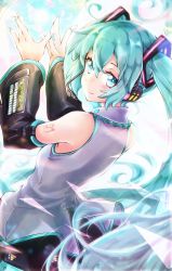 Rule 34 | 1girl, akino coto, aqua eyes, aqua hair, arm tattoo, black sleeves, blush, detached sleeves, from behind, hatsune miku, headset, highres, long hair, looking at viewer, looking back, pleated skirt, skirt, smile, solo, tattoo, twintails, very long hair, vocaloid