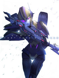 Rule 34 | 1girl, character name, decepticon, duststorm, english text, gun, holding, holding gun, holding weapon, looking to the side, mecha, purple eyes, rifle, robot, sniper rifle, solo, transformers, transformers universe, weapon, zoner