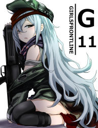 Rule 34 | 1girl, absurdres, ankle boots, assault rifle, blush, boots, brown eyes, bullpup, caseless firearm, character name, clothing cutout, coat, commentary request, drooling, g11 (girls&#039; frontline), girls&#039; frontline, green coat, green hat, grey shirt, gun, h&amp;k g11, hair between eyes, half-closed eyes, hat, heckler &amp; koch, highres, holding, holding gun, holding weapon, horizontal magazine, kamatama, knee pads, long hair, looking at viewer, messy hair, off shoulder, open clothes, open coat, open mouth, personification, prototype design, rifle, scarf, scarf on head, seiza, shirt, shorts, shoulder cutout, sidelocks, silver hair, sitting, solo, very long hair, weapon