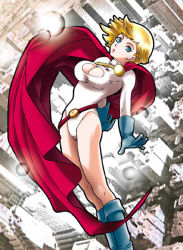 Rule 34 | 1girl, alien, belt, blonde hair, blue eyes, blue footwear, blue gloves, boots, breasts, cape, cleavage, cleavage cutout, clothing cutout, dc comics, female focus, gloves, kryptonian, leotard, power girl, red cape, shoes, short hair, solo, u-k