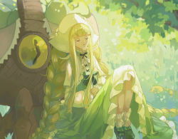 Rule 34 | 1girl, black footwear, blunt bangs, braid, day, dress, forever 7th capital, grass, green dress, green theme, hat, highres, jianjianjiaodan, knees up, long hair, mary janes, monster, outdoors, shoes, sidelocks, sitting, solo, twin braids, twintails, very long hair